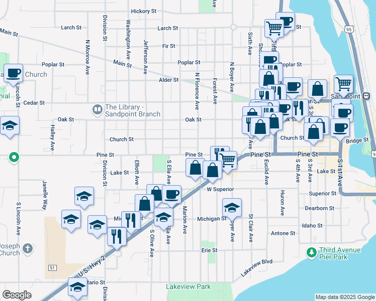 map of restaurants, bars, coffee shops, grocery stores, and more near 905 Pine Street in Sandpoint