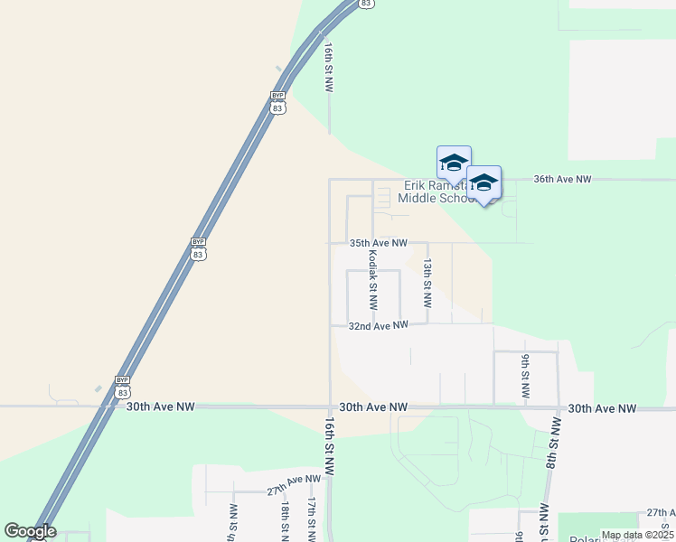 map of restaurants, bars, coffee shops, grocery stores, and more near 16th Street Northwest in Minot