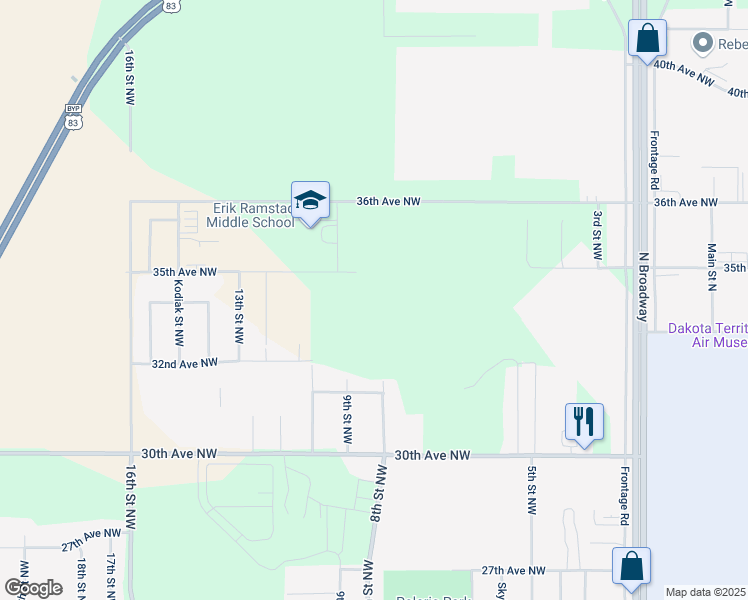 map of restaurants, bars, coffee shops, grocery stores, and more near 3305 8th Street Northwest in Minot