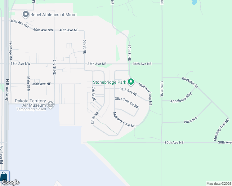 map of restaurants, bars, coffee shops, grocery stores, and more near 78 Mulberry Loop Northeast in Minot