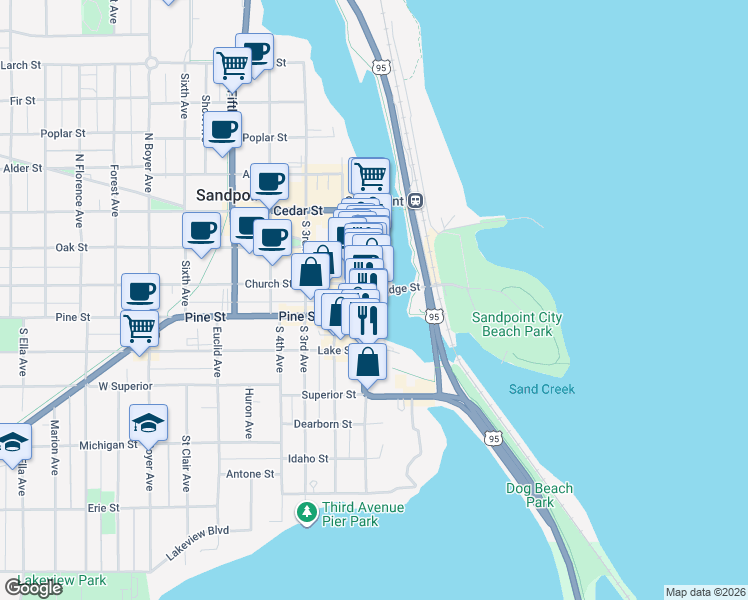 map of restaurants, bars, coffee shops, grocery stores, and more near 100 North First Avenue in Sandpoint