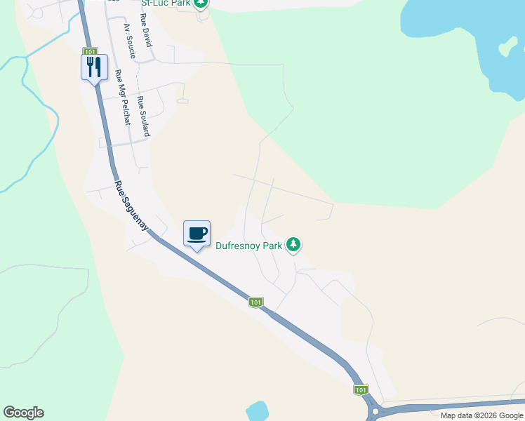 map of restaurants, bars, coffee shops, grocery stores, and more near Rue Pauly in Rouyn-Noranda