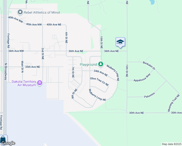 map of restaurants, bars, coffee shops, grocery stores, and more near 78 Mulberry Loop Northeast in Minot