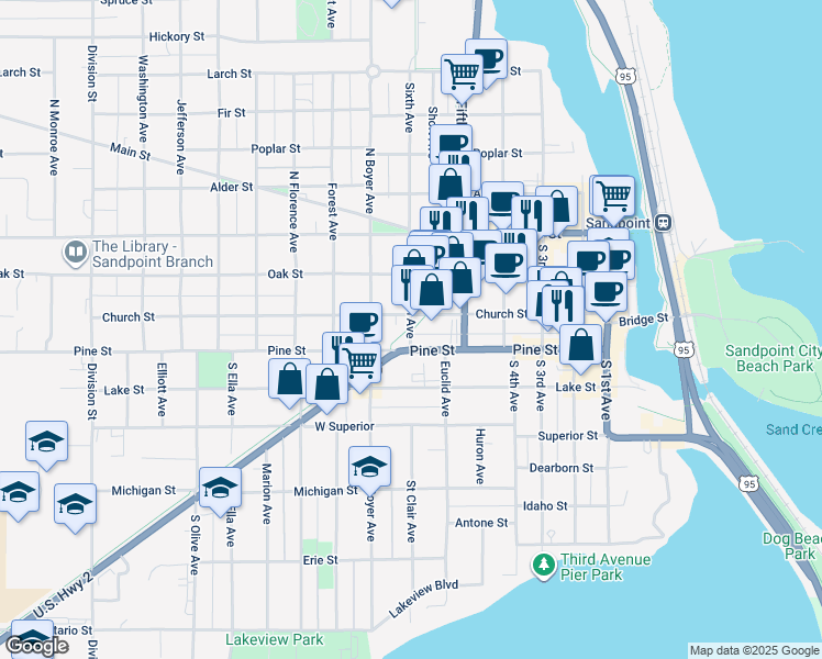 map of restaurants, bars, coffee shops, grocery stores, and more near 107 North 6th Avenue in Sandpoint