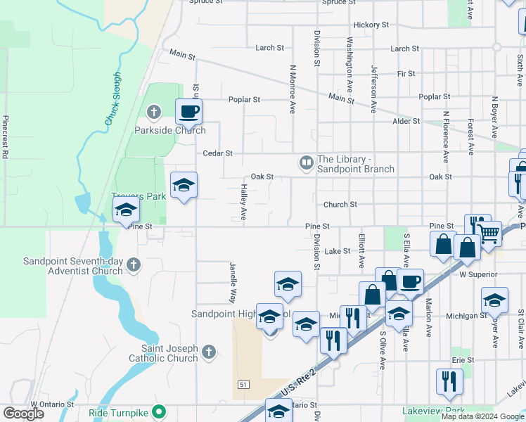 map of restaurants, bars, coffee shops, grocery stores, and more near 1602 Pine Street in Sandpoint