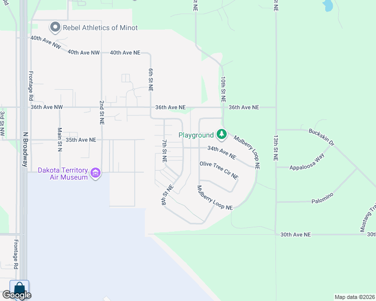 map of restaurants, bars, coffee shops, grocery stores, and more near 3332 8th Street Northeast in Minot