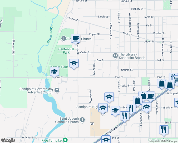 map of restaurants, bars, coffee shops, grocery stores, and more near 205 Halley Avenue in Sandpoint