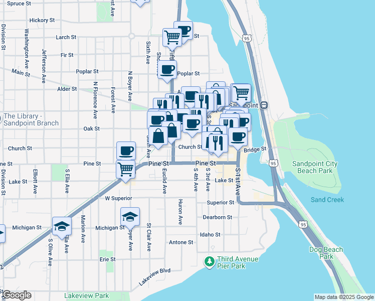 map of restaurants, bars, coffee shops, grocery stores, and more near 401 Church Street in Sandpoint