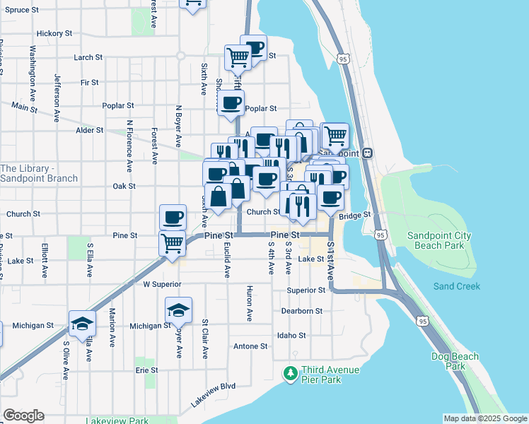 map of restaurants, bars, coffee shops, grocery stores, and more near 401 Church Street in Sandpoint