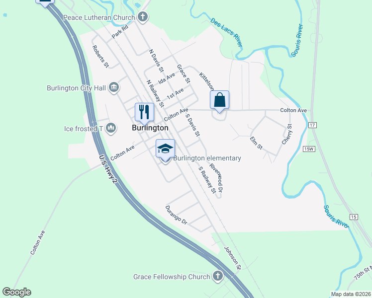 map of restaurants, bars, coffee shops, grocery stores, and more near 301 3rd Avenue in Burlington