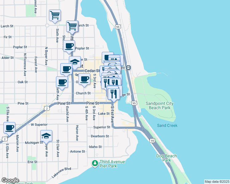map of restaurants, bars, coffee shops, grocery stores, and more near 212 North First Avenue in Sandpoint