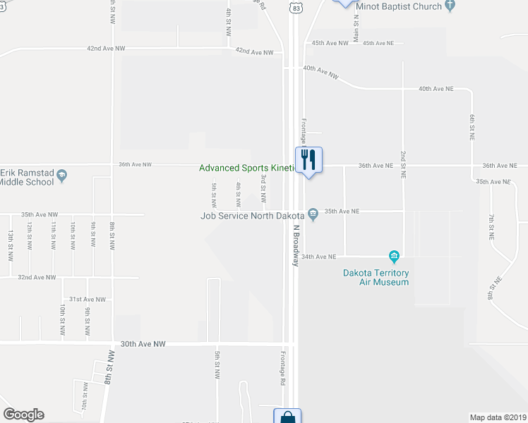 map of restaurants, bars, coffee shops, grocery stores, and more near 35th Avenue Northwest in Minot