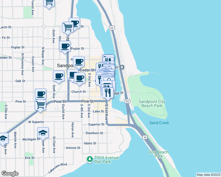 map of restaurants, bars, coffee shops, grocery stores, and more near 212 North First Avenue in Sandpoint