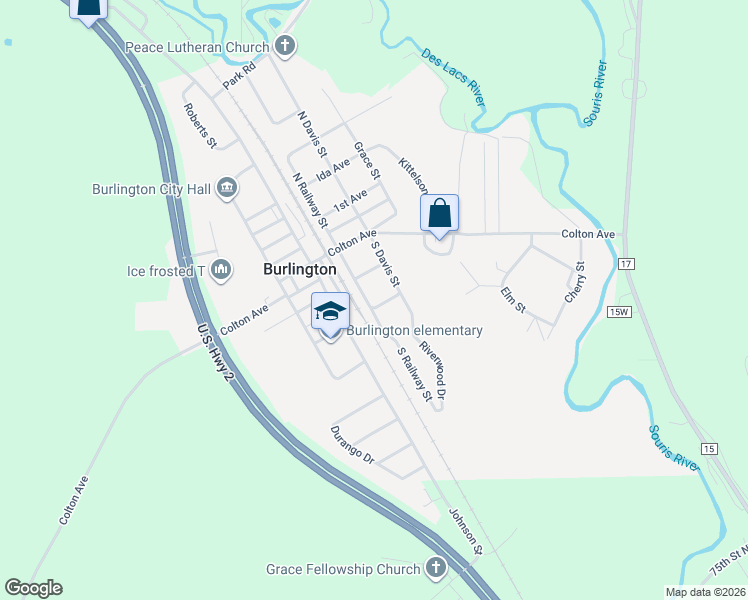map of restaurants, bars, coffee shops, grocery stores, and more near 301 3rd Avenue in Burlington
