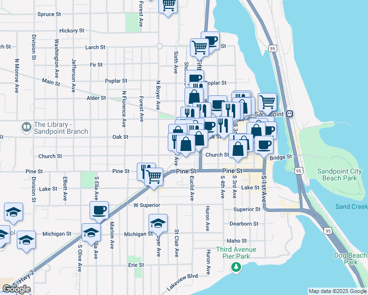map of restaurants, bars, coffee shops, grocery stores, and more near 522 Church St in Sandpoint