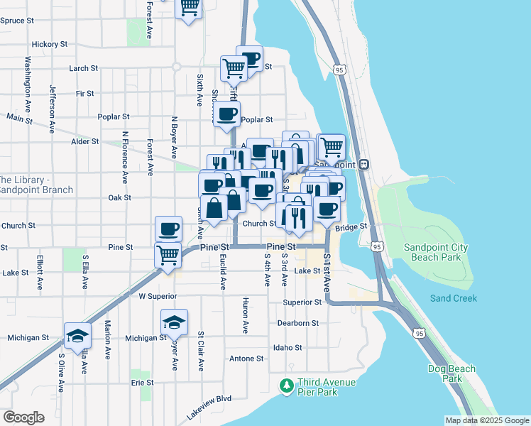 map of restaurants, bars, coffee shops, grocery stores, and more near 206 North 4th Avenue in Sandpoint