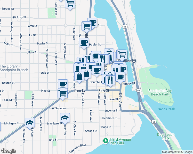 map of restaurants, bars, coffee shops, grocery stores, and more near 206 North 4th Avenue in Sandpoint