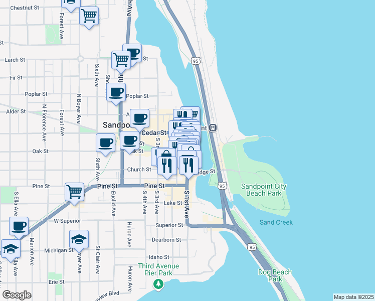 map of restaurants, bars, coffee shops, grocery stores, and more near 307 North 1st Avenue in Sandpoint