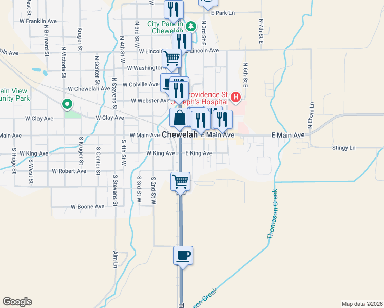 map of restaurants, bars, coffee shops, grocery stores, and more near 301 North 2nd Street East in Chewelah