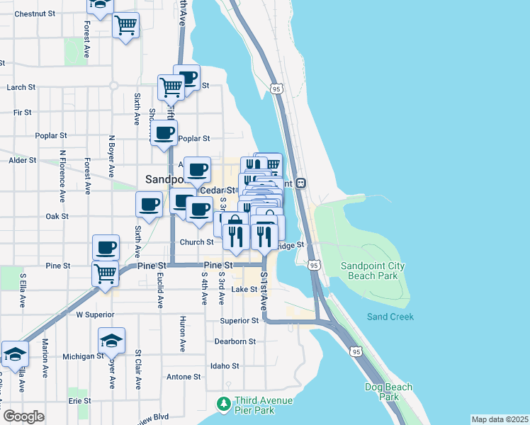 map of restaurants, bars, coffee shops, grocery stores, and more near 307 North 1st Avenue in Sandpoint