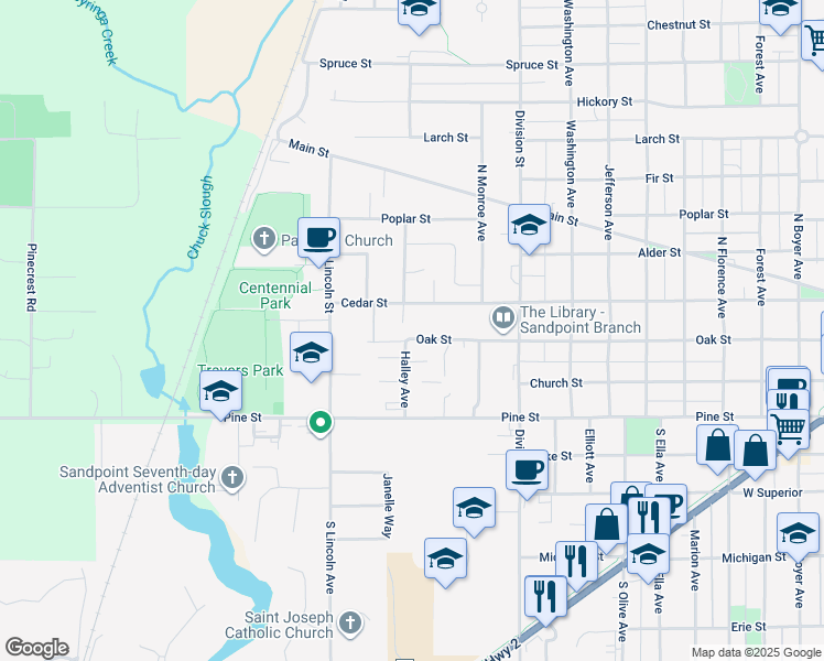 map of restaurants, bars, coffee shops, grocery stores, and more near 1703a Cedar Street in Sandpoint