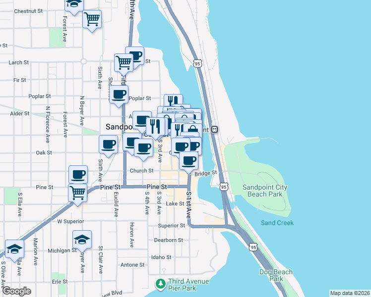 map of restaurants, bars, coffee shops, grocery stores, and more near 311 North 1st Avenue in Sandpoint