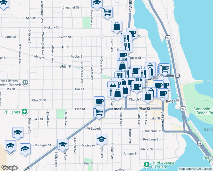 map of restaurants, bars, coffee shops, grocery stores, and more near 603 Cedar Street in Sandpoint