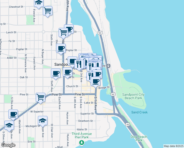 map of restaurants, bars, coffee shops, grocery stores, and more near 109 Cedar Street in Sandpoint