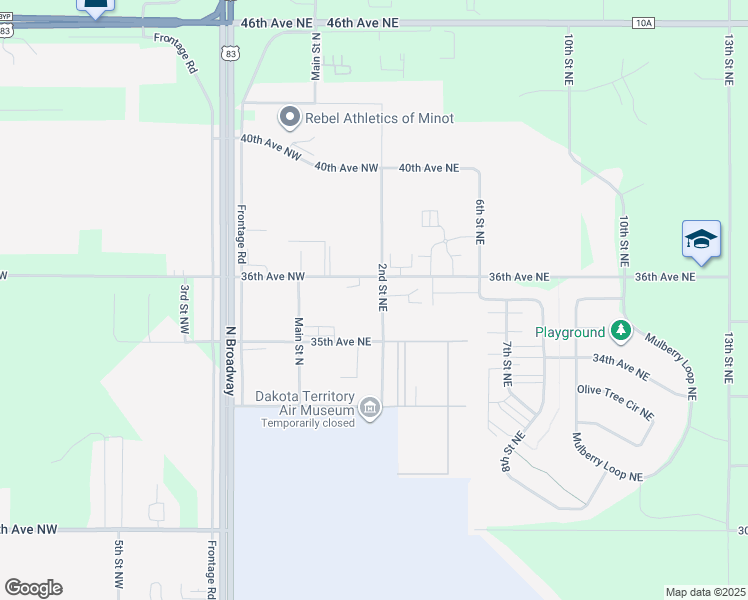 map of restaurants, bars, coffee shops, grocery stores, and more near 3519 2nd Street Northeast in Minot
