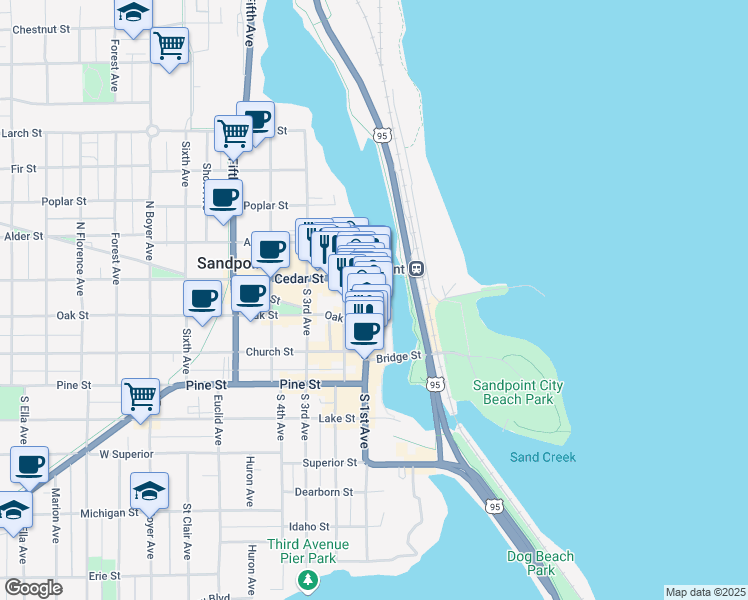 map of restaurants, bars, coffee shops, grocery stores, and more near 334 North First Avenue in Sandpoint