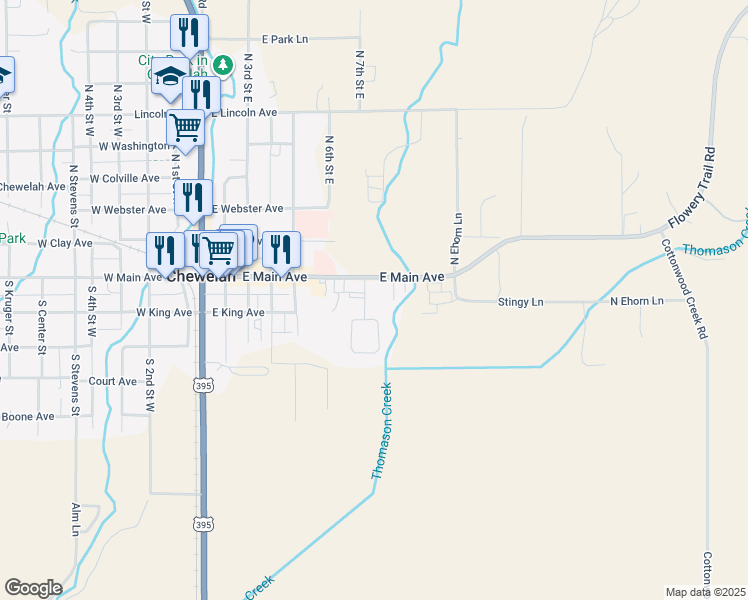 map of restaurants, bars, coffee shops, grocery stores, and more near 112 Quartzite Loop in Chewelah