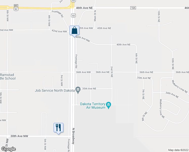 map of restaurants, bars, coffee shops, grocery stores, and more near 3521 Main Street North in Minot