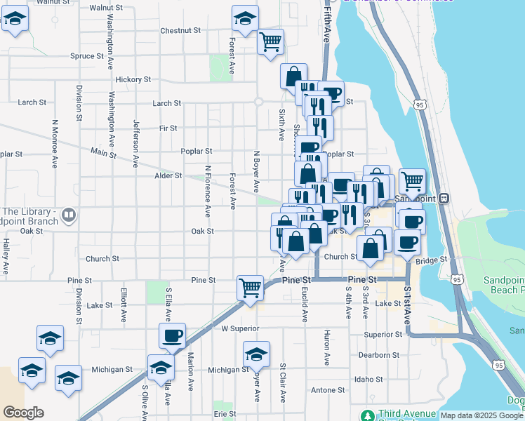 map of restaurants, bars, coffee shops, grocery stores, and more near 603 Cedar Street in Sandpoint