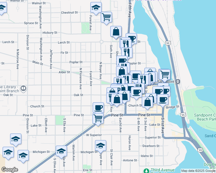 map of restaurants, bars, coffee shops, grocery stores, and more near 603 Cedar Street in Sandpoint