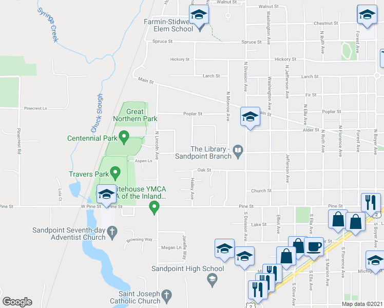 map of restaurants, bars, coffee shops, grocery stores, and more near 1703a Cedar Street in Sandpoint
