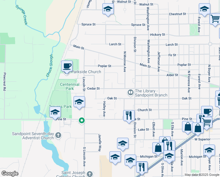 map of restaurants, bars, coffee shops, grocery stores, and more near 1605 Cedar Street in Sandpoint