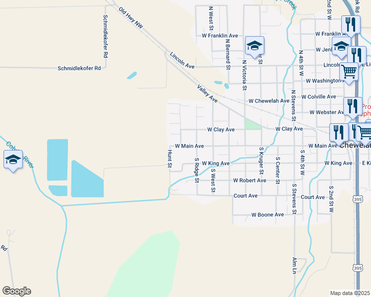 map of restaurants, bars, coffee shops, grocery stores, and more near 1111 West Main Avenue in Chewelah