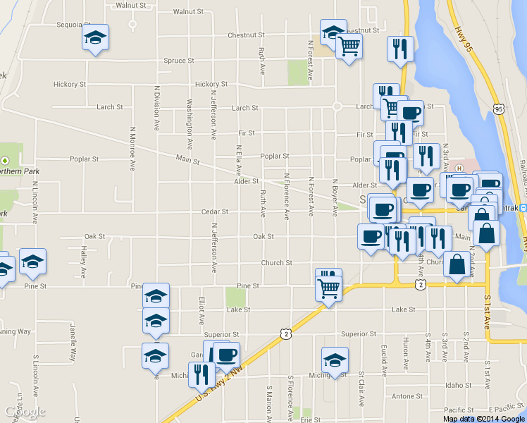 map of restaurants, bars, coffee shops, grocery stores, and more near Cedar Street in Sandpoint