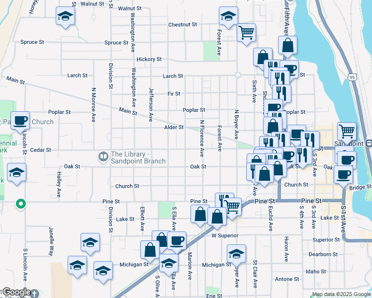 map of restaurants, bars, coffee shops, grocery stores, and more near Cedar Street in Sandpoint
