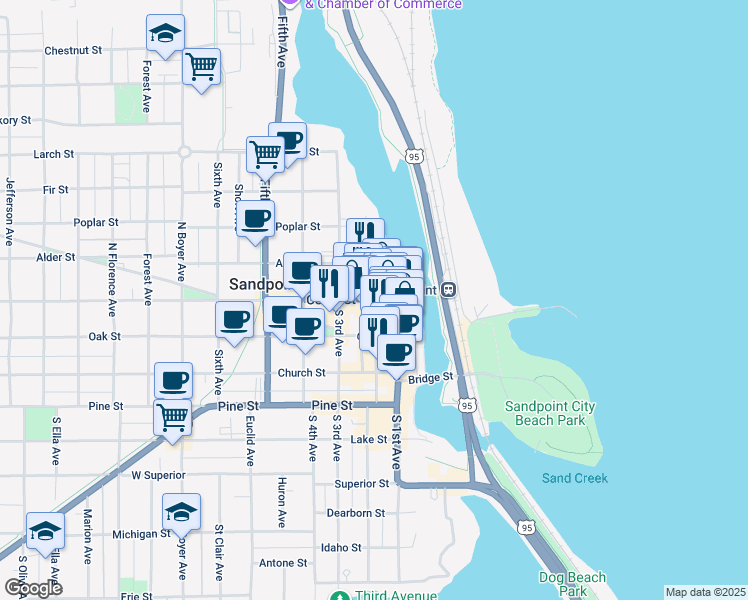 map of restaurants, bars, coffee shops, grocery stores, and more near 109 Cedar Street in Sandpoint