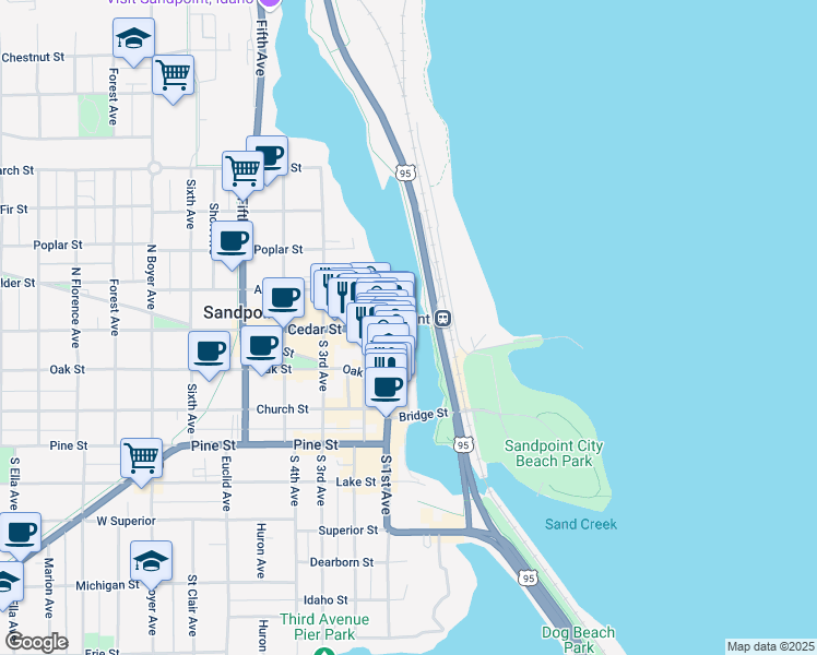 map of restaurants, bars, coffee shops, grocery stores, and more near 334 North First Avenue in Sandpoint