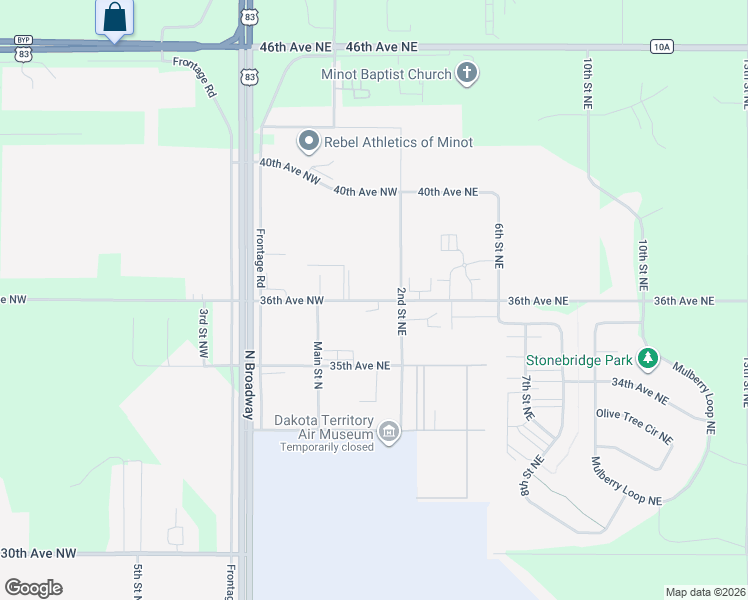 map of restaurants, bars, coffee shops, grocery stores, and more near 126 36th Avenue Northeast in Minot