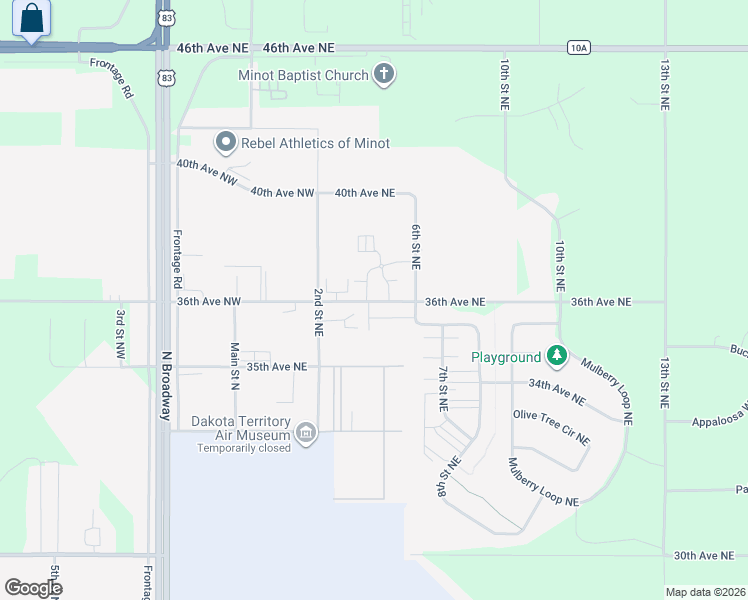 map of restaurants, bars, coffee shops, grocery stores, and more near 400 36th Avenue Northwest in Minot