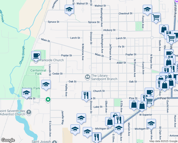 map of restaurants, bars, coffee shops, grocery stores, and more near 1402 Cedar Street in Sandpoint