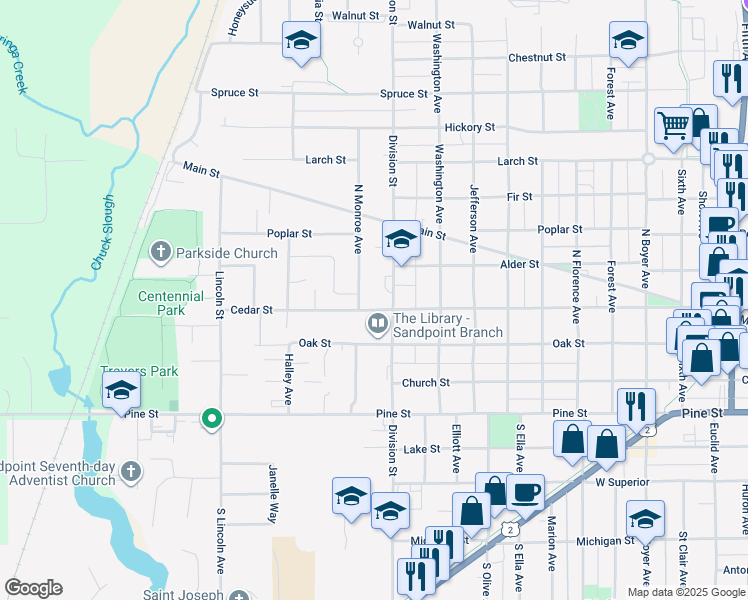map of restaurants, bars, coffee shops, grocery stores, and more near 1402 Cedar Street in Sandpoint