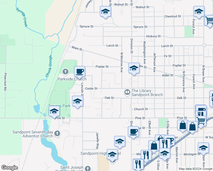 map of restaurants, bars, coffee shops, grocery stores, and more near 1605 Cedar Street in Sandpoint