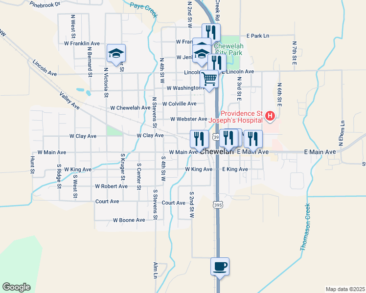 map of restaurants, bars, coffee shops, grocery stores, and more near 215 West Main Avenue in Chewelah