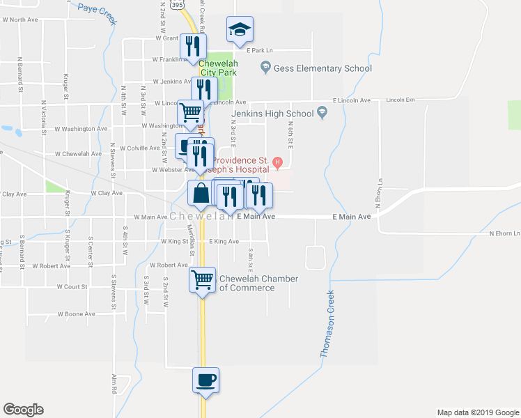 map of restaurants, bars, coffee shops, grocery stores, and more near 181 North 5th Street East in Chewelah
