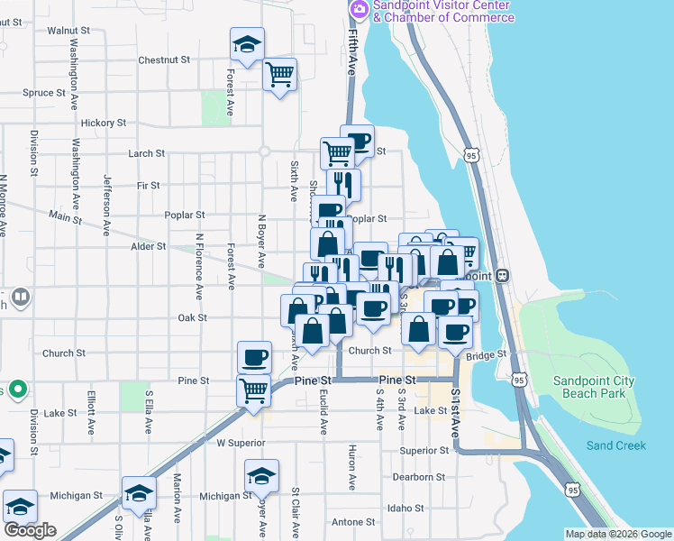 map of restaurants, bars, coffee shops, grocery stores, and more near in Sandpoint