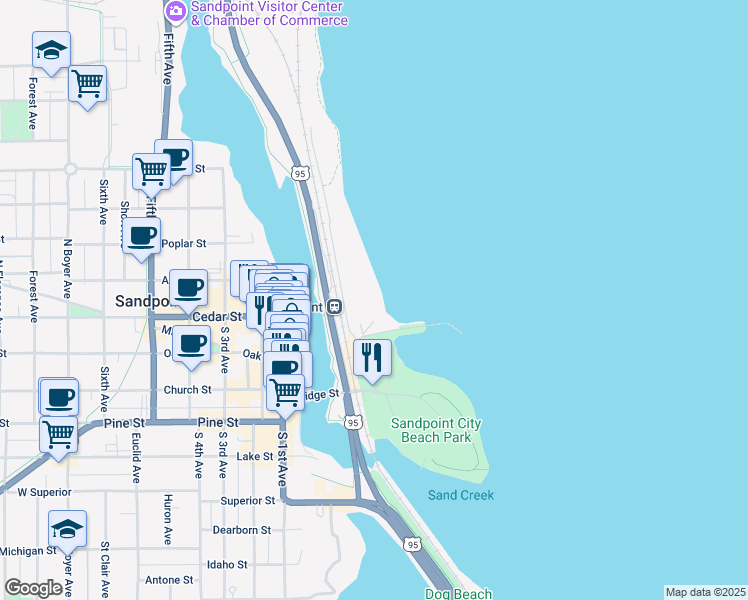 map of restaurants, bars, coffee shops, grocery stores, and more near 402 Sandpoint Avenue in Sandpoint